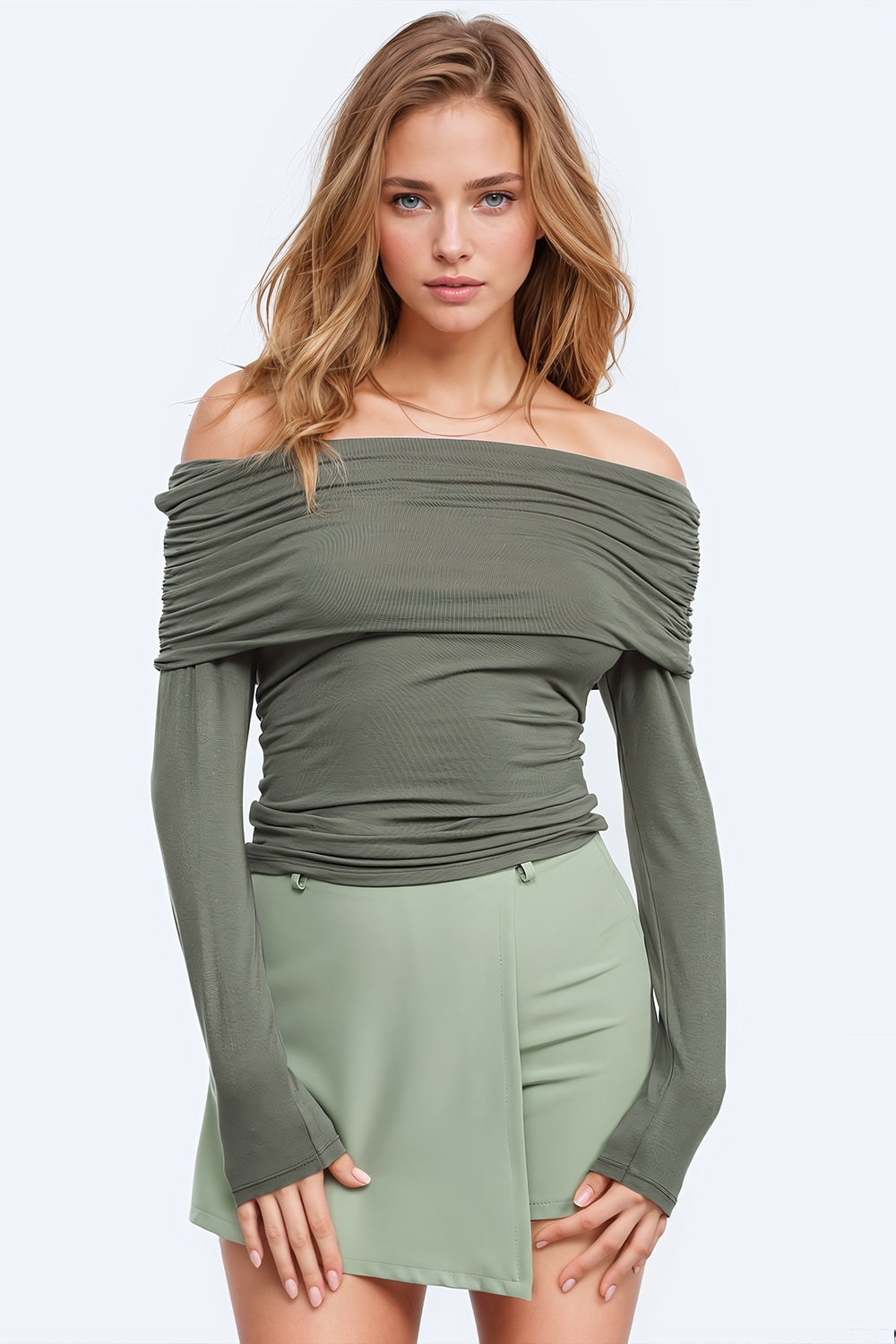 Bodycon Off Shoulder Top in Green Khaki