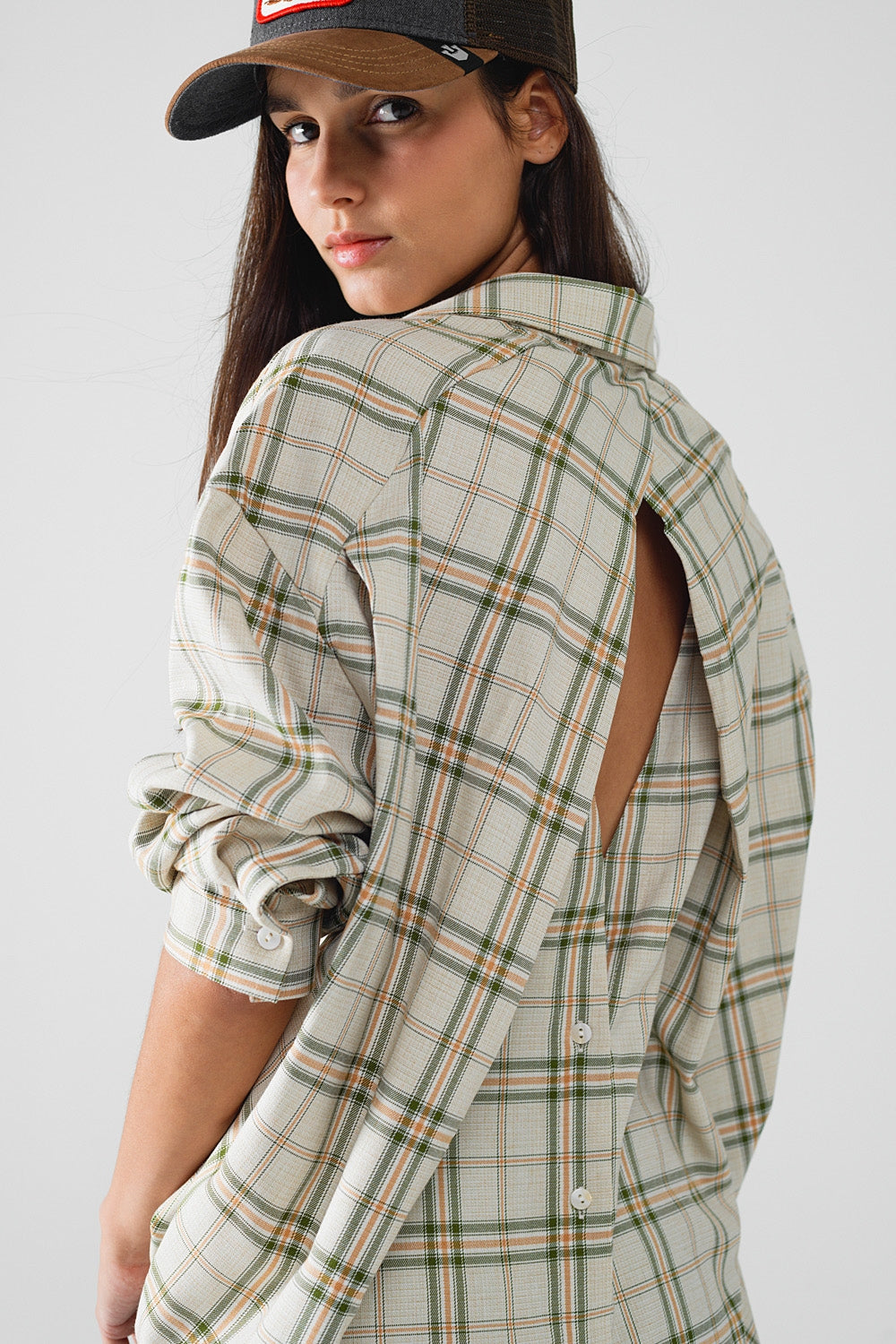 Checked Shirt With Back Opening in Beige