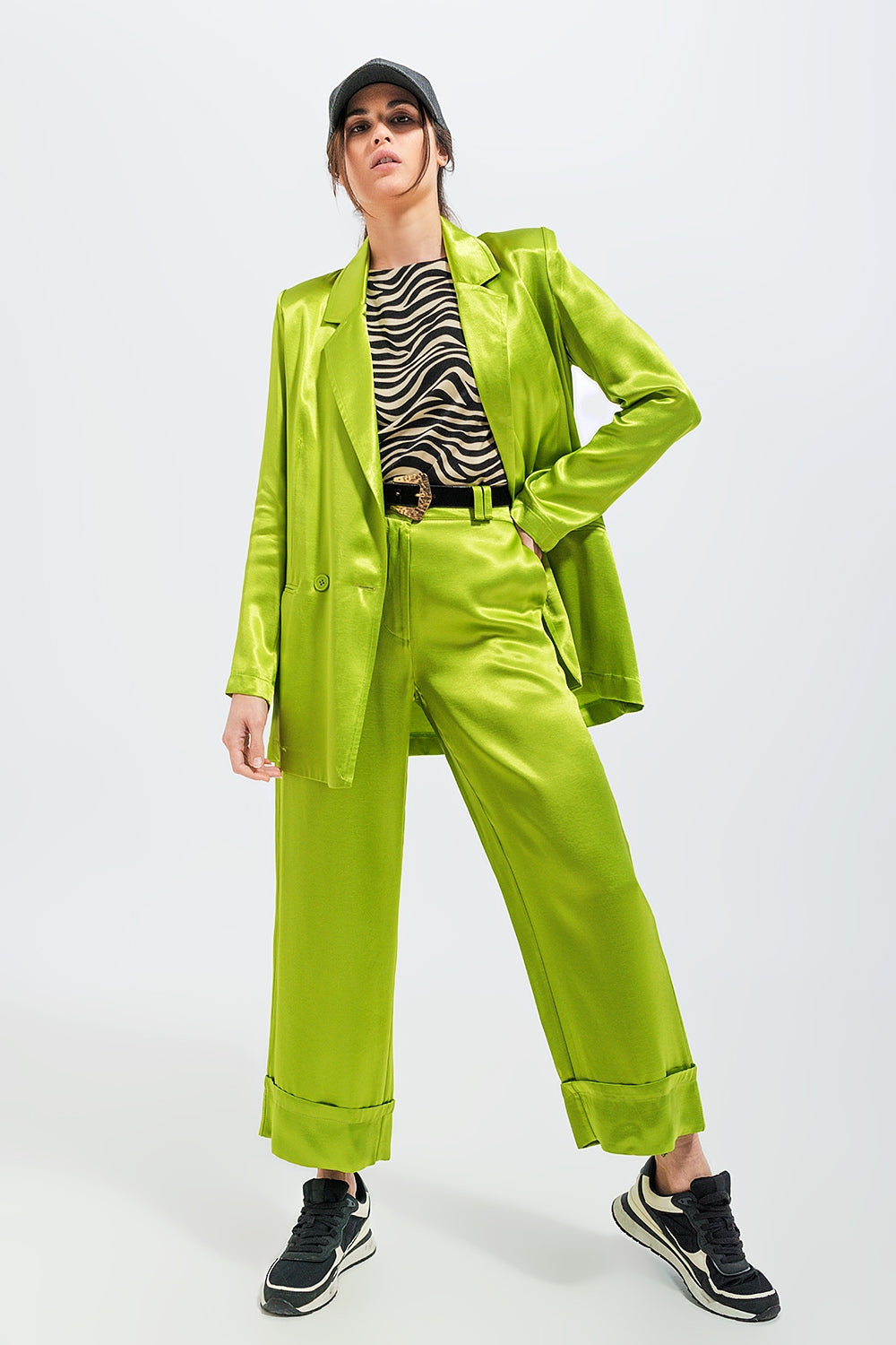 Satin Wide Leg Suit Pants in Green