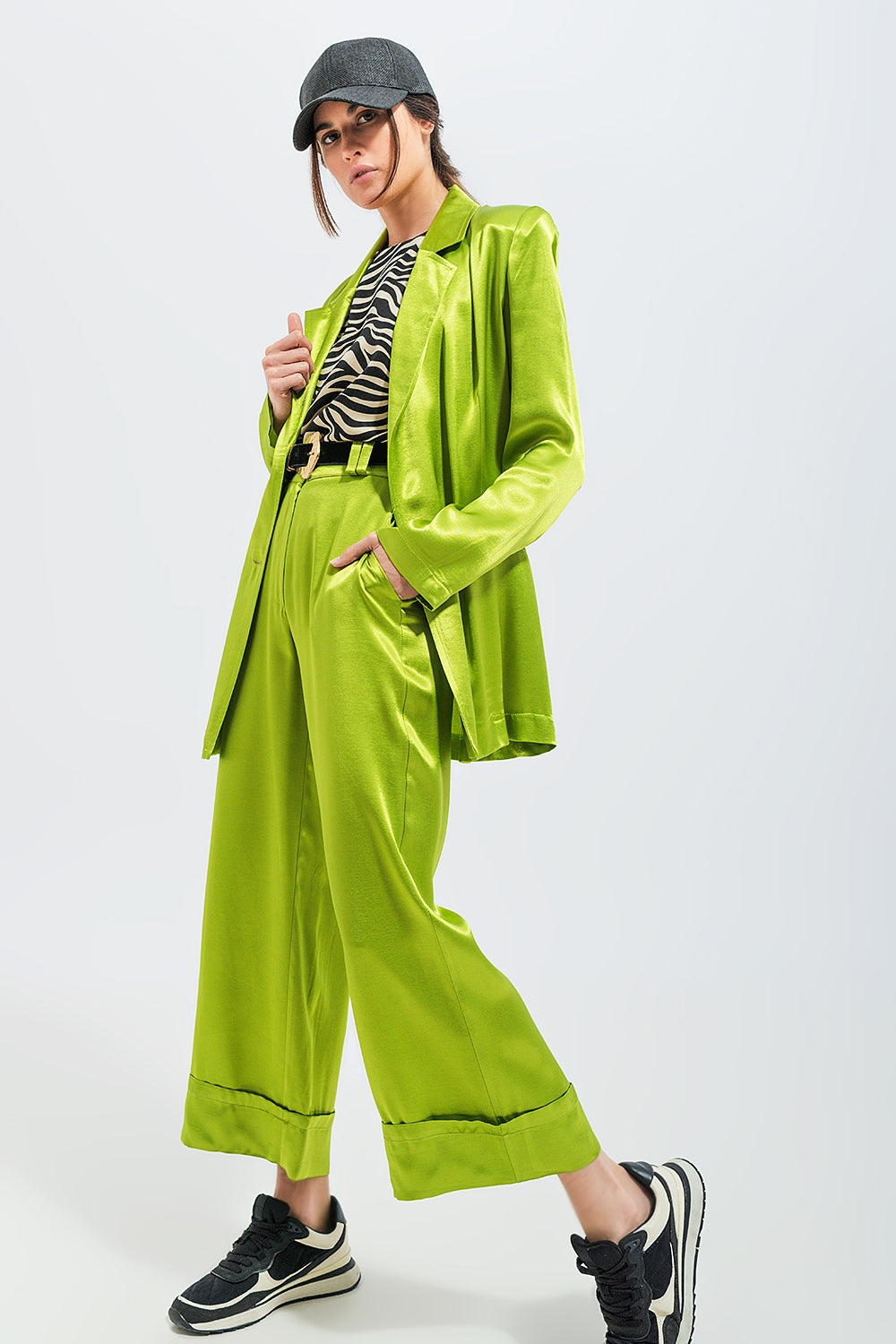Satin Wide Leg Suit Pants in Green