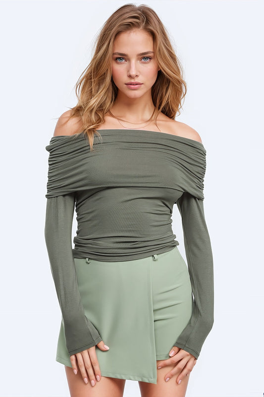 Bodycon Off Shoulder Top in Green Khaki