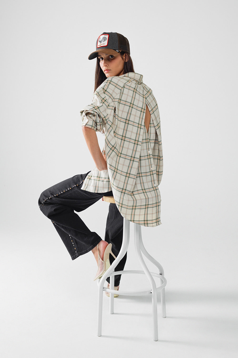 Checked Shirt With Back Opening in Beige