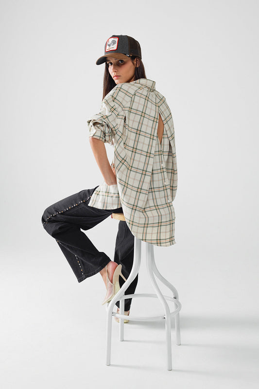 Checked Shirt With Back Opening in Beige