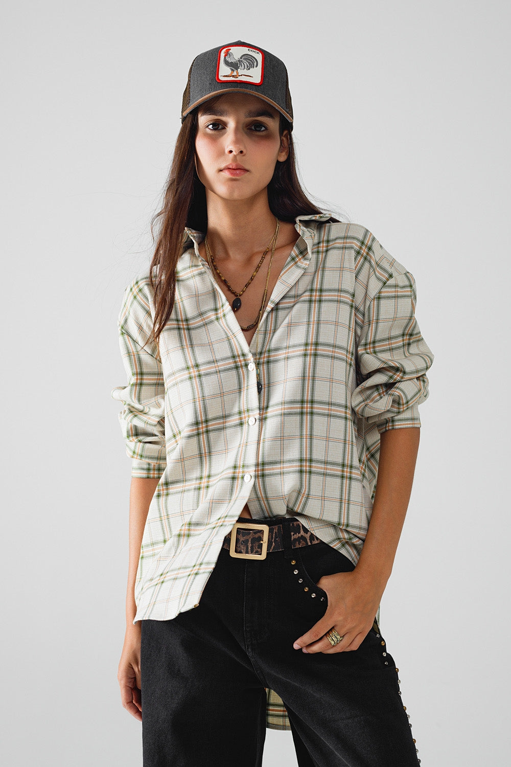Checked Shirt With Back Opening in Beige