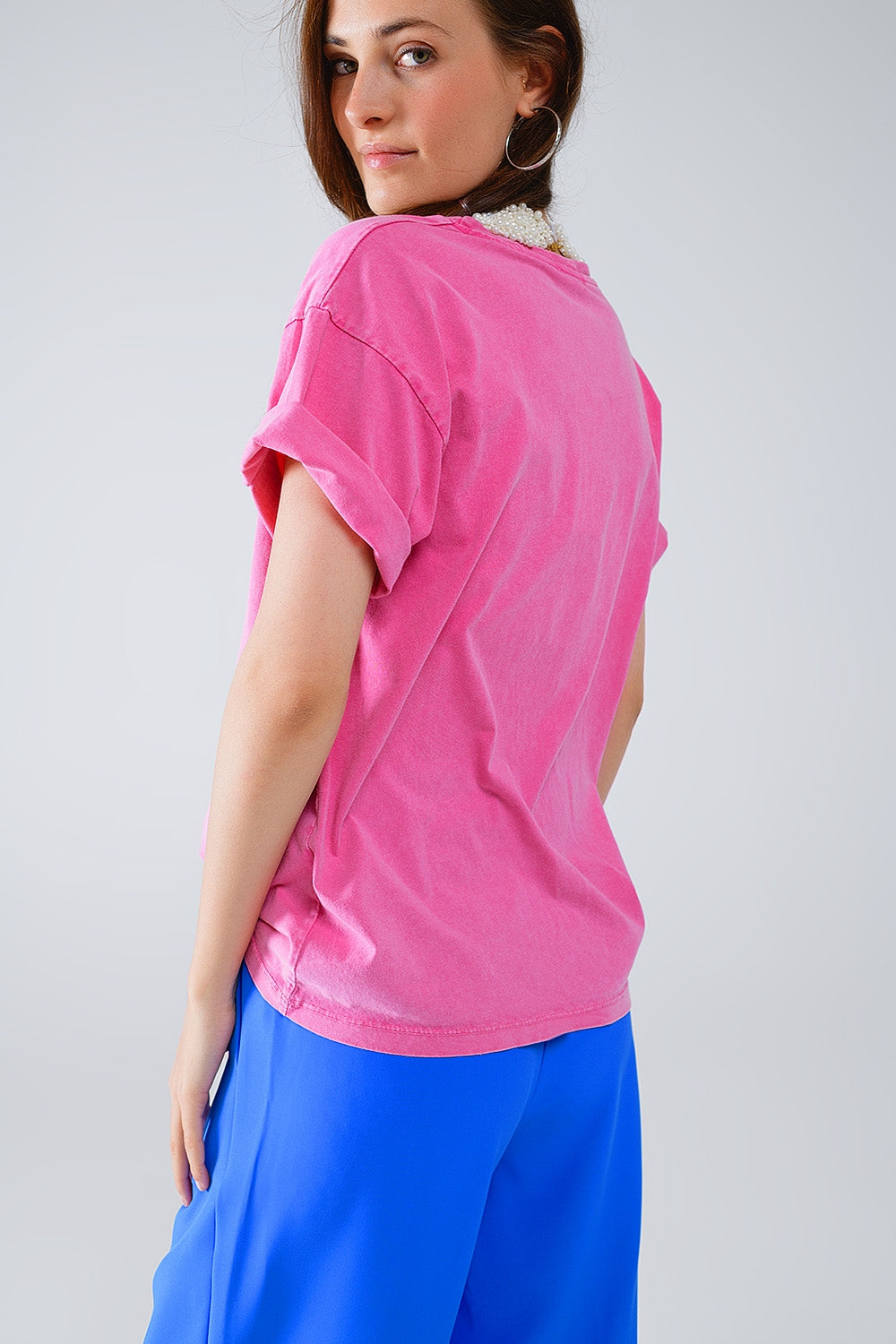 Fuchsia T-Shirt With Famous Names Logos at the Front