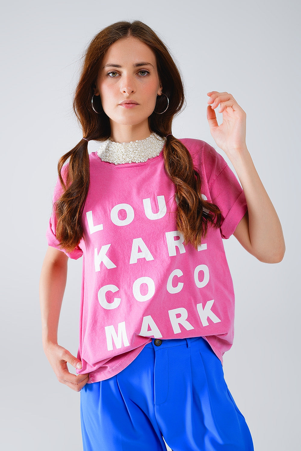 Fuchsia T-Shirt With Famous Names Logos at the Front