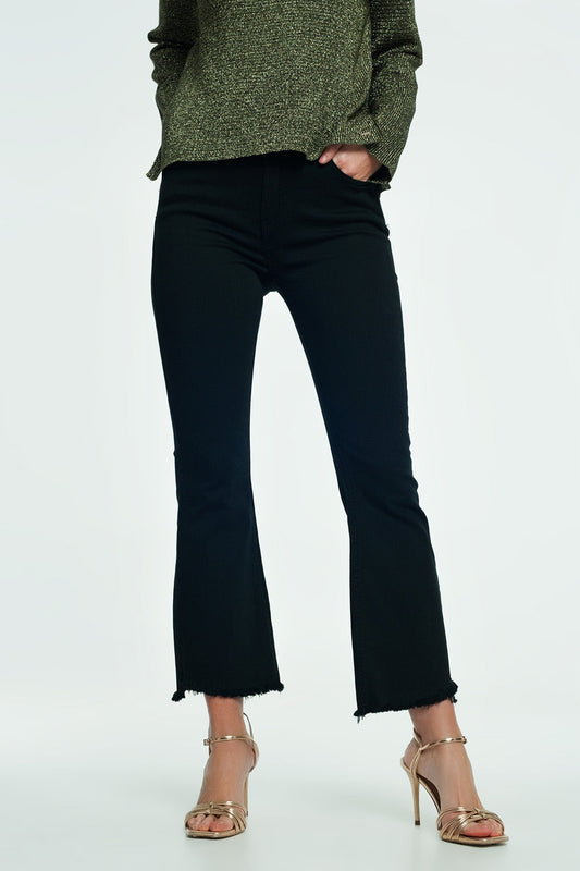 High Rise Raw Hem Flared Jeans in Black