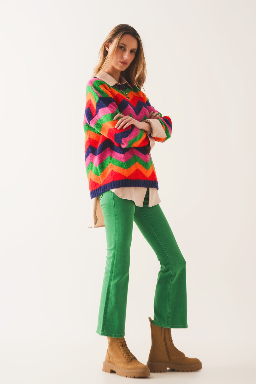 High Waist Flare Jean in Green