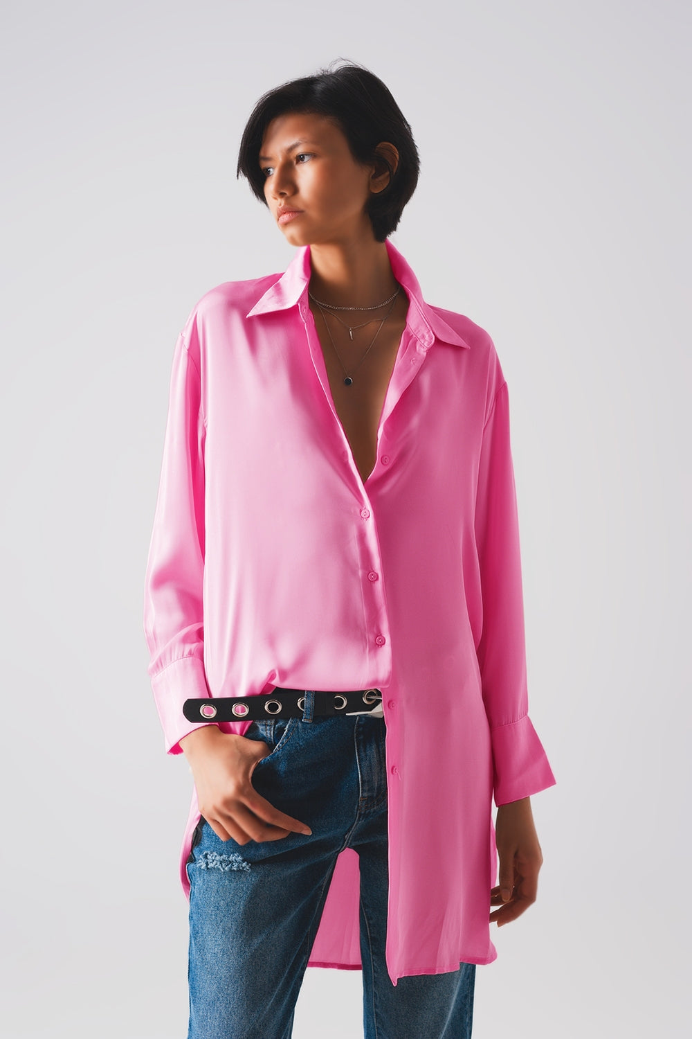 Long Sleeve Satin Button Front Shirt in Pink