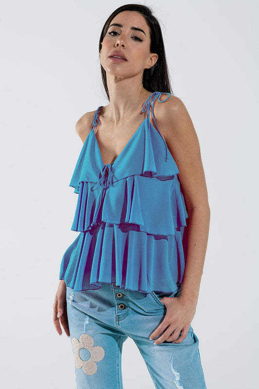 Ruffle Top WIth Thin Straps in Blue