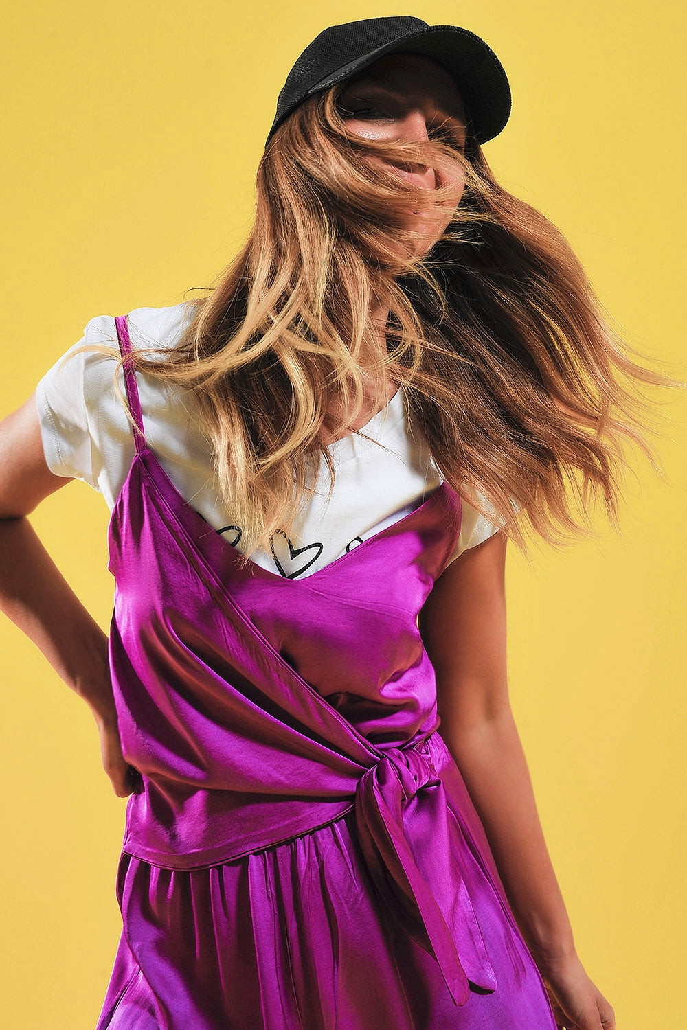 Satin Cami Strap Jumpsuit in Fuchsia