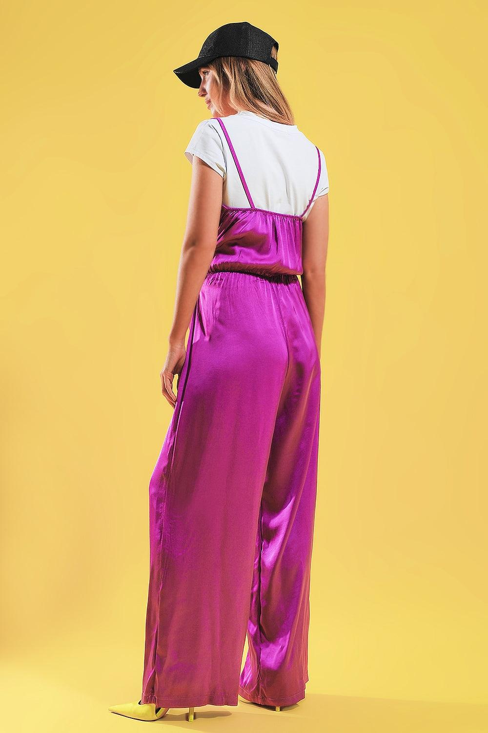 Satin Cami Strap Jumpsuit in Fuchsia