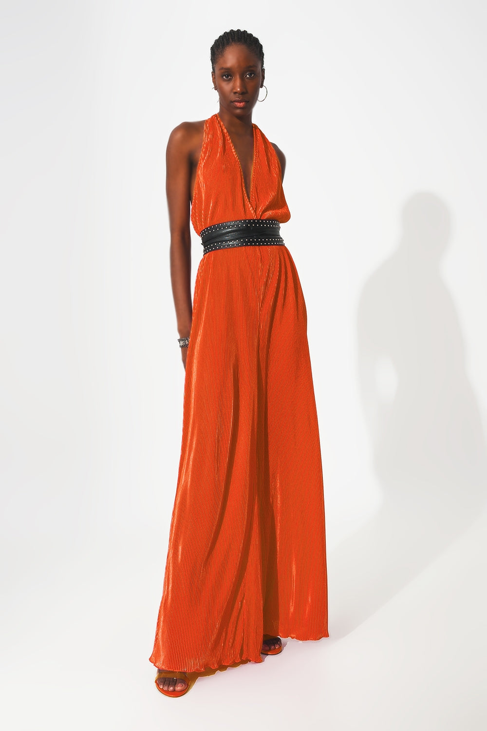 Satin Halter Neck Pleated Maxi Jumpsuit