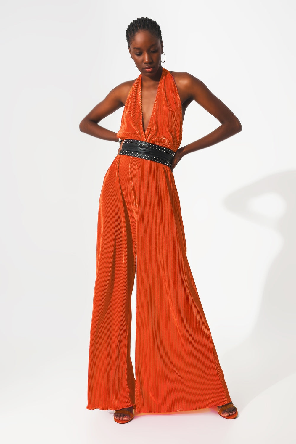 Satin Halter Neck Pleated Maxi Jumpsuit