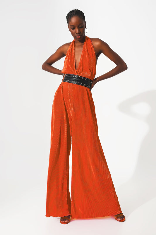 Satin Halter Neck Pleated Maxi Jumpsuit