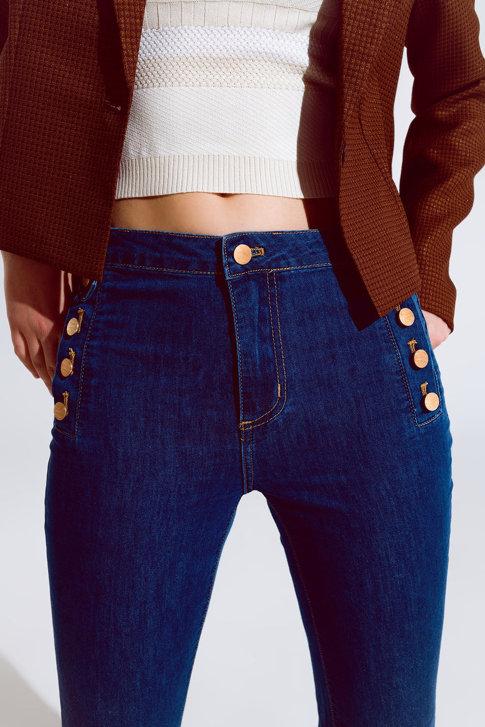 Skinny Flared Jeans in Dark Blue With Button Detail