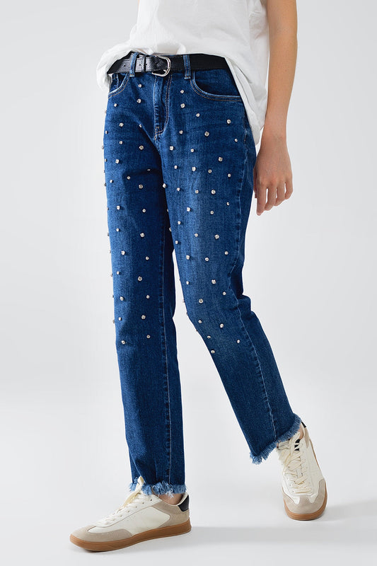 Straight Blue Jeans With Strass Front Details and Frayed Ends