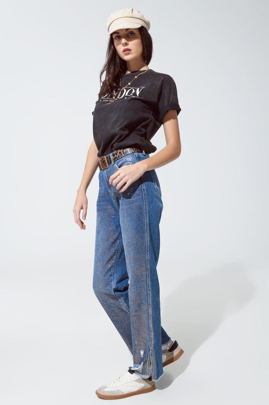 Straight Leg Ripped Jeans With Gold Metallic Glow