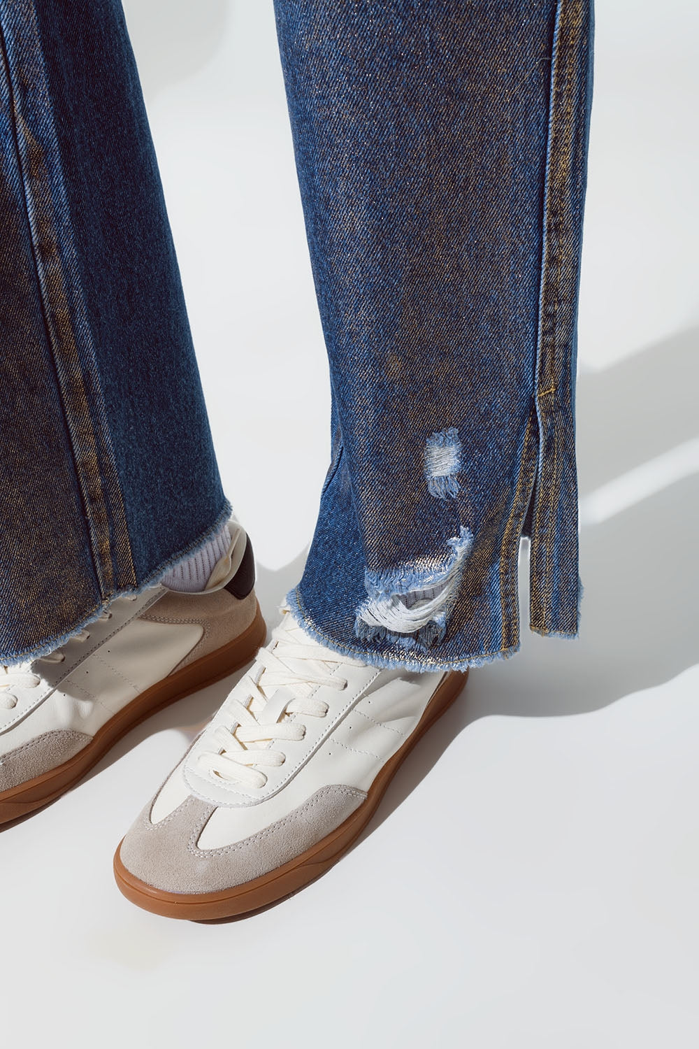 Straight Leg Ripped Jeans With Gold Metallic Glow